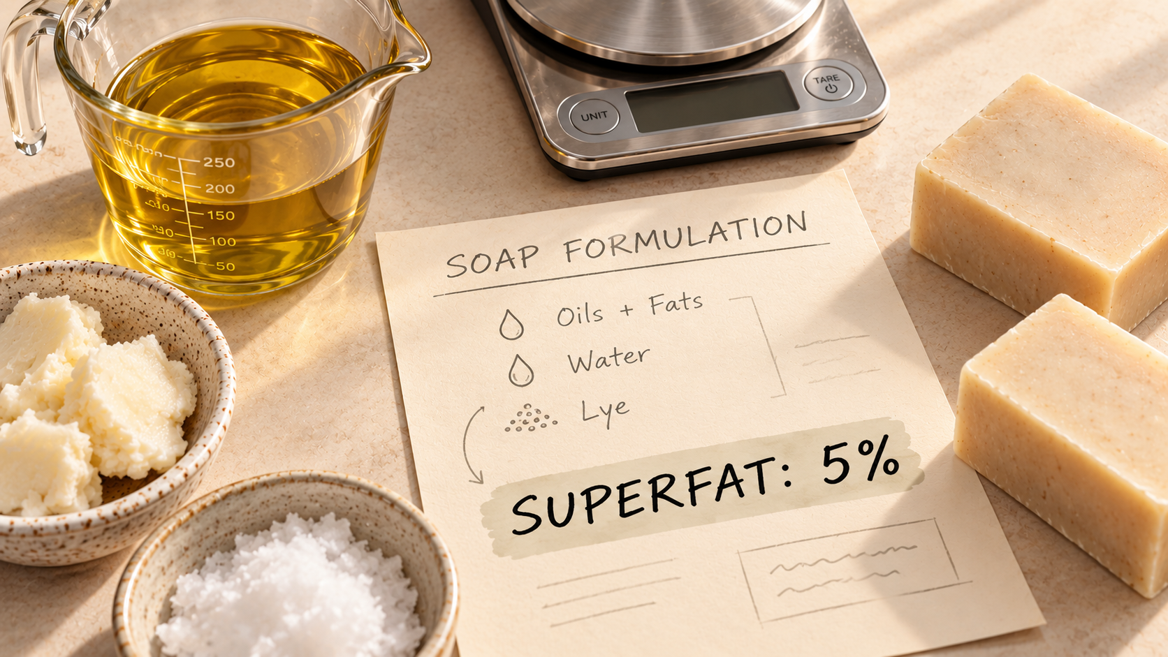 An mocked up image of a soap recipe with fats and oils sitting next to it