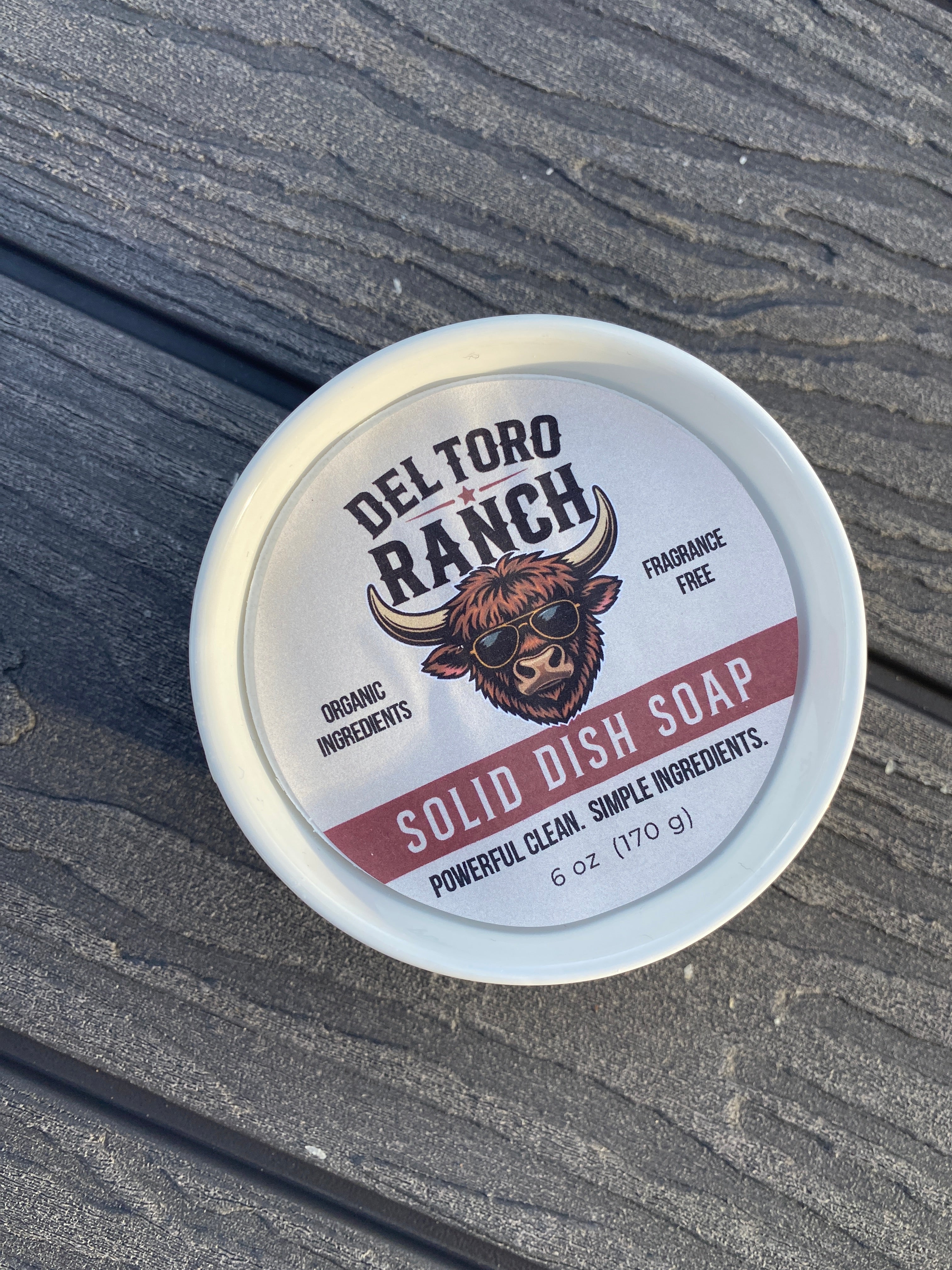 top view of ramekin with solid dish Del toro ranch logo and label in top.
