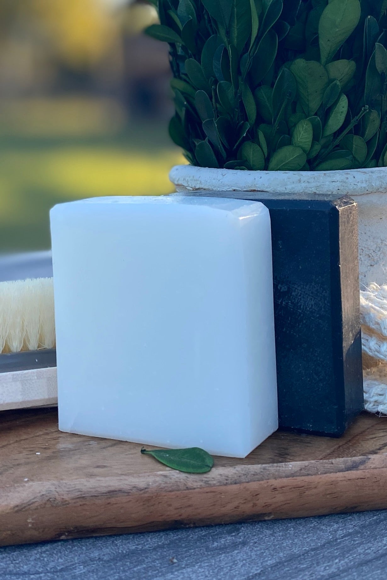 A white rectangular coconut soap bar and a black coconut charcoal bar are arranged on a wooden board outdoors on a gray table, with a small green leafy plant in a white pot, a cream-colored scrubber, and a cream mesh washcloth nearby. The background is a blurred outdoor lawn and trees.
